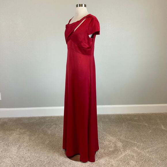 DKNY Red Satin Short Sleeve Evening Gown Size 8 Cut Out Long Formal Dress - Picture 4 of 13